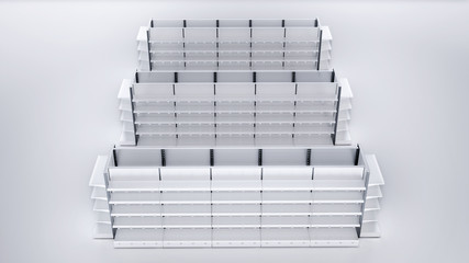 3D image over top side view of grocery empty shelves staying in three rows on blank white background. Whith Front/End shelves displays. Good for supermarket's mockup.