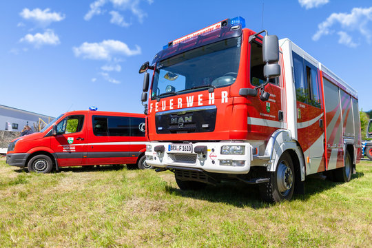 Delmenhorst / Germany - MAY 6, 2018: German fire engine from fire department Lemwerder stands on a deployment site. The german word Feuerwehr means fire department.