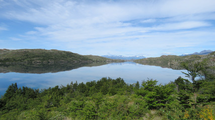 Fototapeta na wymiar Torres del Paine, Patagonia, Chile: Forest and mountain view at lake Sköttsberg