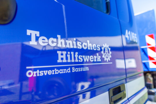 Delmenhorst / Germany - May 6, 2018: German technical emergency service sign on a truck. Technisches Hilfswerk means technical emergency service.