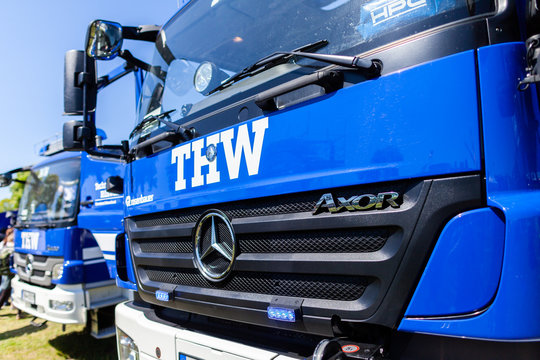 Delmenhorst / Germany - May 6, 2018: German technical emergency service sign on a truck. Technisches Hilfswerk means technical emergency service.