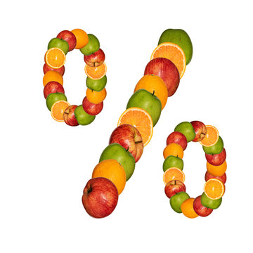 Percent symbol made of colorful fruits, collage on white background.