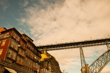 Porto bridge landscape, with background to houses and colored facades, Antigua, in Portugal