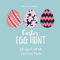 Easter egg hunt card with cute Easter eggs decotated and text on blue background. Vector illustration in trendy flat cartoon