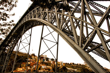 Porto bridge landscape, with background to houses and colored facades, Antigua, in Portugal