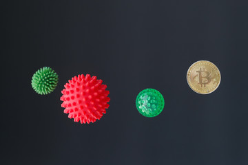Red microbe molecule of the coronavirus virus vs Bitcoin coin. Conceptual.