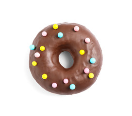 Sweet delicious glazed donut on white background, top view