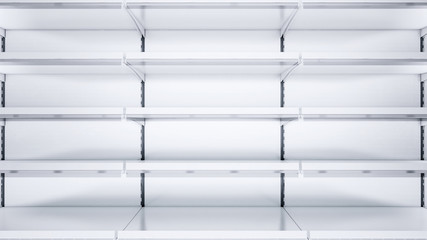 3D close up image of empty shelves with shelf talkers and price tags.