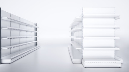 3D image of grocery empty shelves staying in two rows on blank white background. Good for supermarket's mockup.