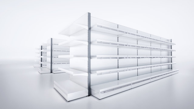 3D image side view with wide angle of grocery empty shelves staying in three rows on blank white background. Whith Front/End shelves displays.