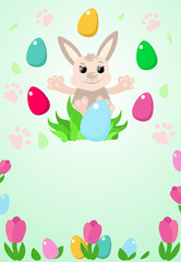 Advertising easter banner happy smiling bunny sitting in the grass with decorative eggs around. The tradition of the egg hunter. Place for text.