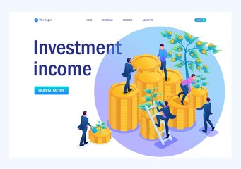 Isometric Income from investments, businessmen collect profits and reinvest money. Landing page concepts and web design