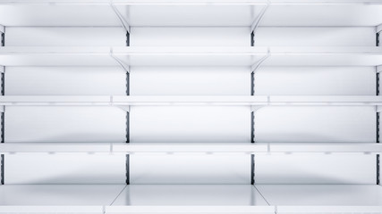 3D close up image of empty shelves with shelf talkers and price tags.