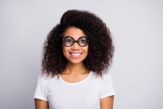 Close-up portrait of her she nice attractive glad cheerful cheery wavy-haired girl nerd wearing thick specs isolated over light white pastel color background