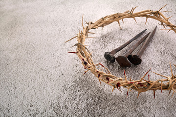 Jesus Christ Crown of thorns with three nails. Religion background. Easter symbol. Crucifixion Of Jesus Christ.