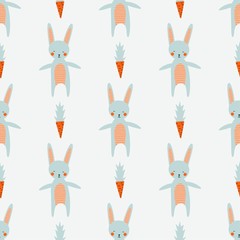 Cute Rabbit Seamless Pattern with a funny blue bunny and carrots. Flat cartoon design. Colorful vector