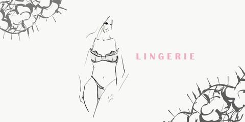 Young woman, model in lingerie. Fashion illustration in sketch style. Vector