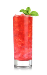 Tasty cocktail with ice cubes and mint isolated on white