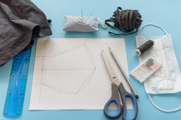 how to make a protective face mask at home from fabric, creating a markup pattern for sewing a mask, step-by-step instructions, step 1