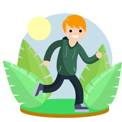 Obraz na płótnie Canvas Young man in Hoodies. Running and sports. Active lifestyle. Movement and walking. Cartoon flat illustration. Park and nature. Leaves of plants. Summer season.