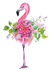 Watercolor illustration of flamingo and flowers, for wedding cards, romantic prints, fabrics, textiles and scrapbooking. - 335380957
