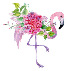 Watercolor illustration of flamingo and flowers, for wedding cards, romantic prints, fabrics, textiles and scrapbooking. - 335380966