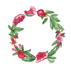 Watercolor wreath with pomegranate for wedding cards, romantic prints, fabrics, textiles and scrapbooking. - 335381115