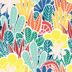 Abstract plants collage seamless vector background. Modern cactus and leave shapes pattern red blue teal lime green yellow orange white. Abstract summer plants. Modern backdrop.