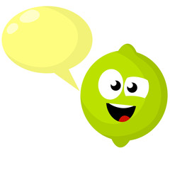 Lime with green face. Funny sour character. Smile and emotion. Healthy fruit with vitamin C. Mascot of product. Cute cartoon flat illustration. Blank bubble for text