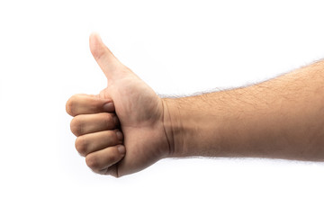 hand showing thumb on white background