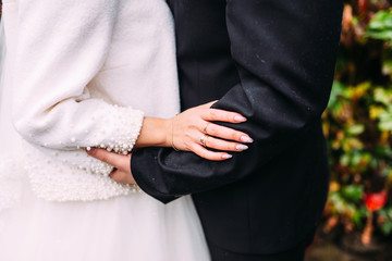Obraz premium Hands of the bride and groom close-up, wedding rings on the hands