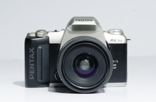 london, england, 05/05/2019 Black pentax mz 50 SLR  35mm Film Auto focus SLR Camera Body for pentax Lenses, Japanese. retro vintage classic film camera body with zoom lens.