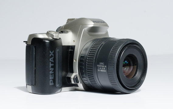 london, england, 05/05/2019 Black pentax mz 50 SLR  35mm Film Auto focus SLR Camera Body for pentax Lenses, Japanese. retro vintage classic film camera body with zoom lens.