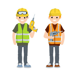 Construction work. Clothing and tools worker with screwdriver and drill. Yellow uniform, gloves, green vest and helmet. Cartoon flat illustration. Maintenance service