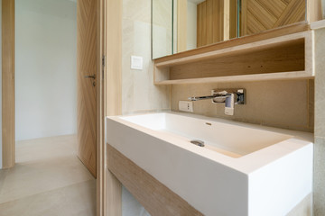 Interior design of villa, house, home, condo and apartment feature basin, mirror, toilet and shower with a view in modern bathroom