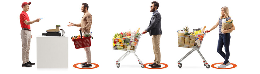 Social distancing measures applied in a supermarket at a cash register for people waiting in line