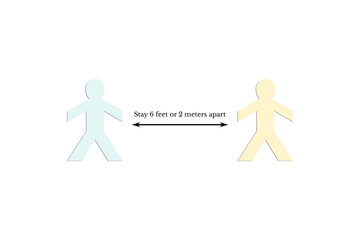 Physical and social distancing shown using two cut out paper men standing 6ft apart, vector illustration