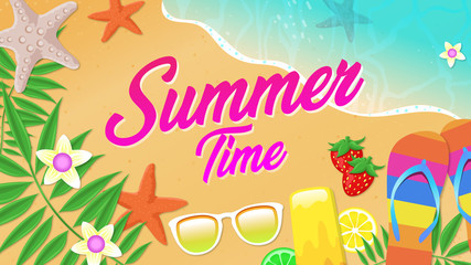 season, sea, design, holiday, illustration, star fish, travel, vacation, palm leaves, lemon, lime, strawberry, popsicle, sandals, flip flops, water, ocean, beach, tropical, summer time, summer - 335383350