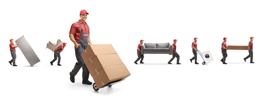 Male workers carrying furniture and boxes on a hand-truck