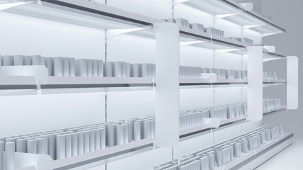 3D image of grocery shelfs mockup with simple objects of products, stoppers, woblers, shelf talkers and light.