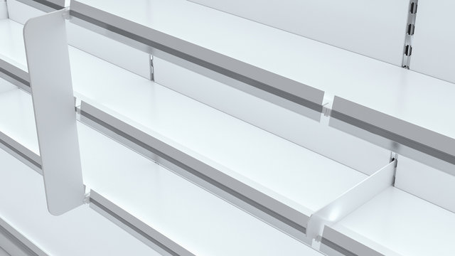 3D image of grocery shelfs mockup in close up with stoppers, woblers, shelf talkers and light.