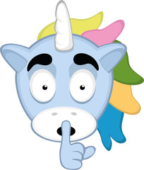 Vector illustration of the face of a cartoon unicorn asking for silence
