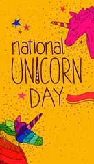 National unicorn day card. Two colorful unicorn illustration. Flat illustration, yellow background. Rainbow unicorn. Hand drawn typography.