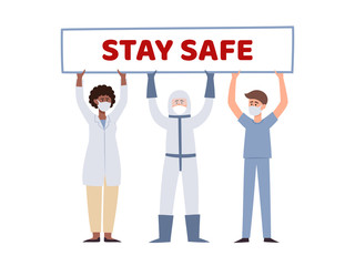 Vector illustration of medical workers holding poster Stay safe