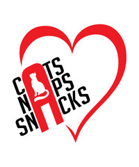 cats naps snacks graphic with a red heart shape with black text on white background.