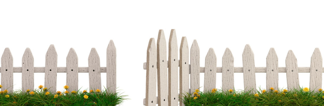 Old wooden fence with open gate isolated on a white background. 3D image