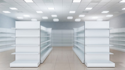 3D close-up image of two rows  grocery shelves with blurred background inside cheap discount supermarket interior
