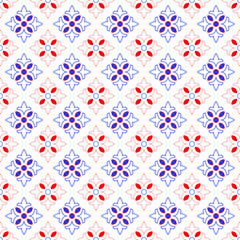 Ceramic tile pattern vector. Porcelain background design, blue and red. Floral decor vector illustration.