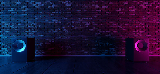Brick Wall Night Show Music Dance Stage Neon Glowing Purple Blue VIbrant Lights Loud Speakers Concrete Floor Brick Wall Retro Modern Garage 3D Rendering - obrazy, fototapety, plakaty