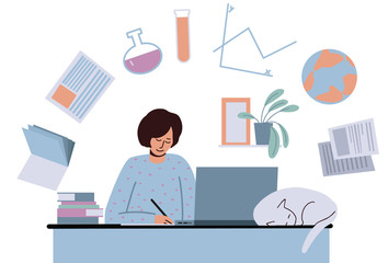 online education for students. Girl high school is studying at home at the computer and doing homework. Around symbols of science. Mathematics, geography, chemistry, literature. Vector illustration fl